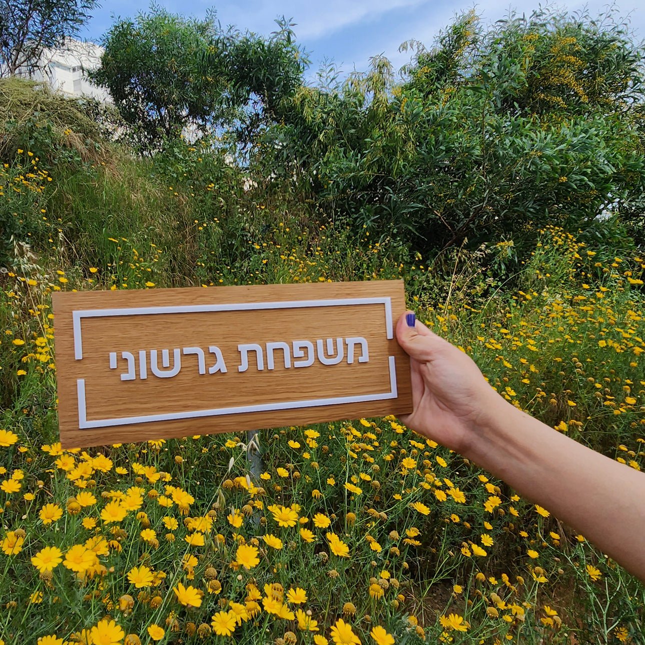 שלט לדלת מעץ עם אותיות בולטות בלבן - שם משפחה - ShapeMixer